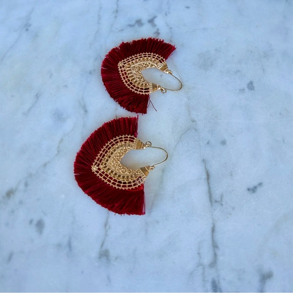 Anthropologie Merlot Red and Gold Statement Earrings - Picture 7 of 11